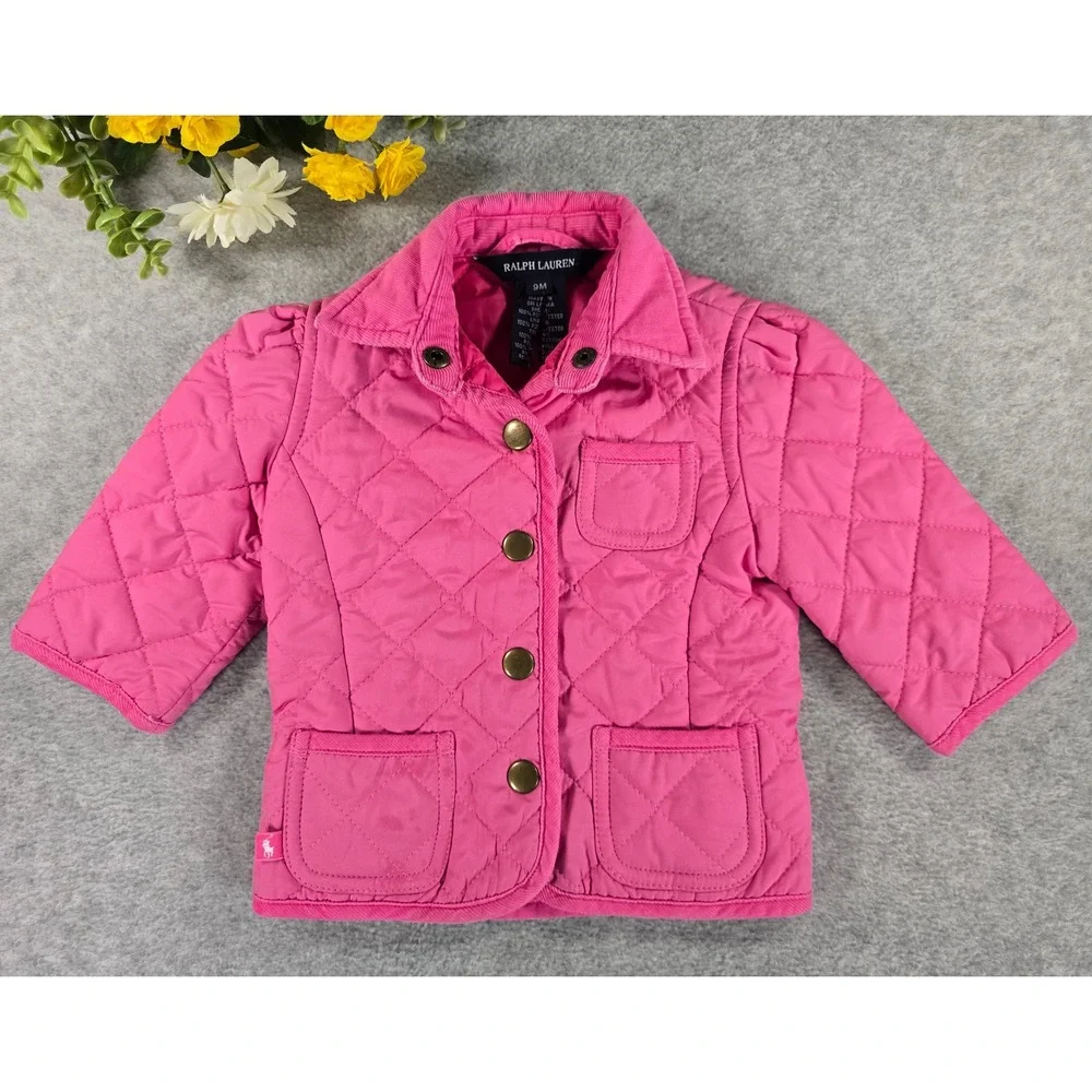Ralph Lauren Baby Girls Pink Quilted Barn Jacket Coat Corduroy Trim 9m Classic